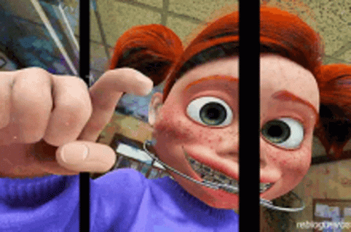 A Cartoon Girl With Braces On Her Teeth Is Behind Bars GIF
