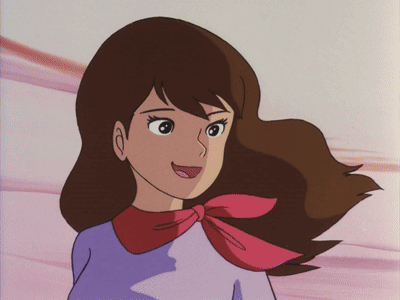 A Cartoon Girl With Brown Hair Wearing A Pink Scarf GIF