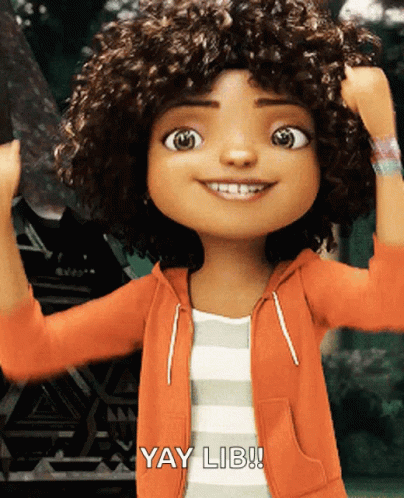 A Cartoon Girl With Curly Hair Is Smiling And Saying Yay Lib ! GIF