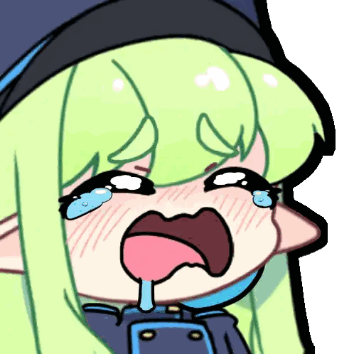 a cartoon girl with green hair is crying with tears coming out of her mouth