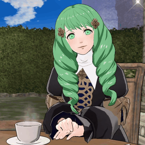A Cartoon Girl With Green Hair Is Sitting At A Table With A Cup Of Coffee GIF