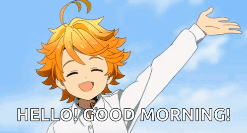 A Cartoon Girl With Her Arms Outstretched And The Words Hello Good Morning On The Bottom GIF