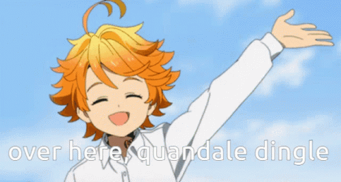 A Cartoon Girl With Her Arms Outstretched And The Words Over Here Quandale Dingle GIF