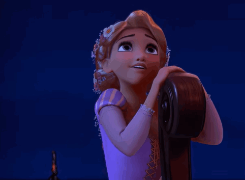 A Cartoon Girl With Her Eyes Closed And A Flower In Her Hair Is Holding A Guitar GIF