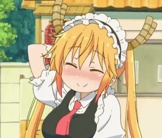 A Cartoon Girl With Long Blonde Hair And Horns Is Smiling . GIF