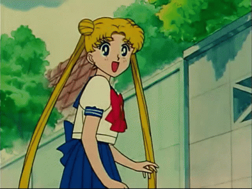 A Cartoon Girl With Long Hair Is Standing In Front Of A Building And Trees . GIF