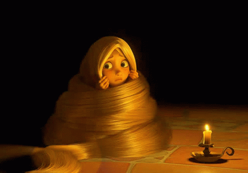 A Cartoon Girl With Long Hair Wrapped Around Her Head And A Candle In The Background GIF