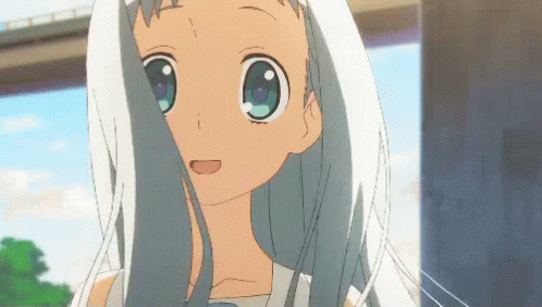 A Cartoon Girl With Long White Hair And Blue Eyes Is Smiling GIF