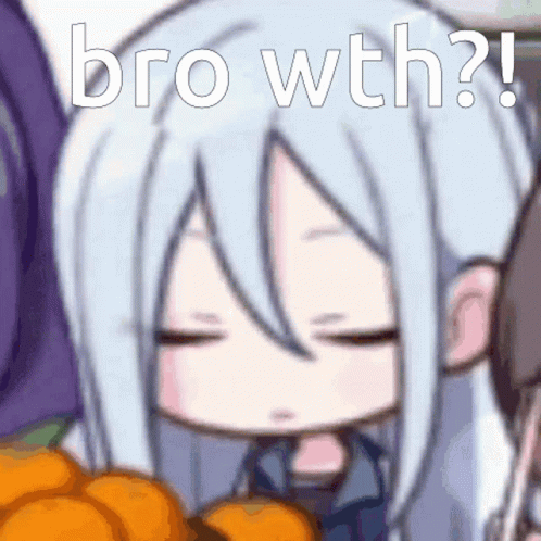 a cartoon girl with long white hair is sitting next to a pile of oranges and says `` bro wth ? ''