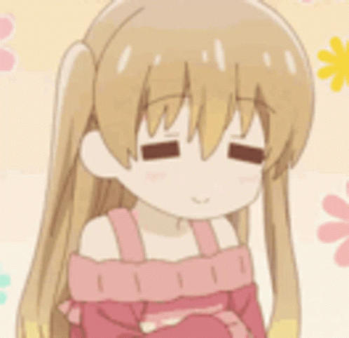 A Cartoon Girl With Pigtails Is Sitting Down With Her Eyes Closed And Wearing A Pink Dress . GIF