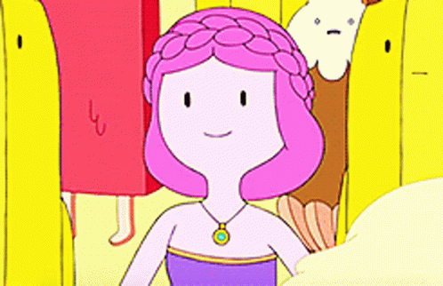 A Cartoon Girl With Pink Hair And A Necklace Is Standing In Front Of A Bunch Of Yellow Lockers . GIF