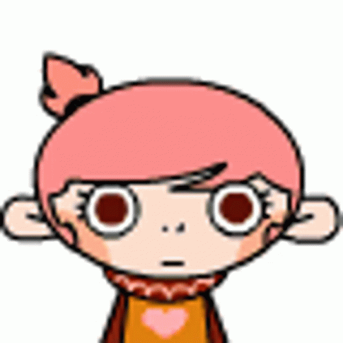 A Cartoon Girl With Pink Hair And A Scarf Around Her Neck Is Looking At The Camera . GIF
