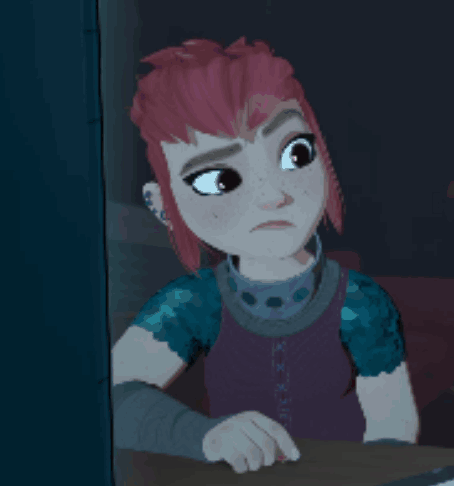 A Cartoon Girl With Pink Hair And Blue Sleeves Is Looking Out A Window GIF