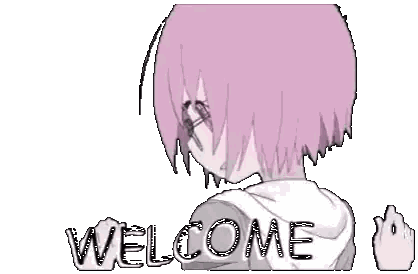 a cartoon girl with pink hair and glasses is pointing at her chest and says welcome .