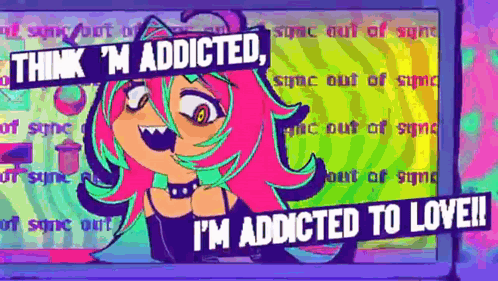 A Cartoon Girl With Pink Hair And Green Eyes Is Standing In Front Of A Computer Screen That Says Think I 'M Addicted . GIF