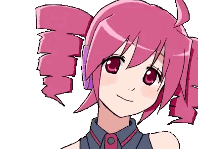a cartoon girl with pink hair and headphones is smiling