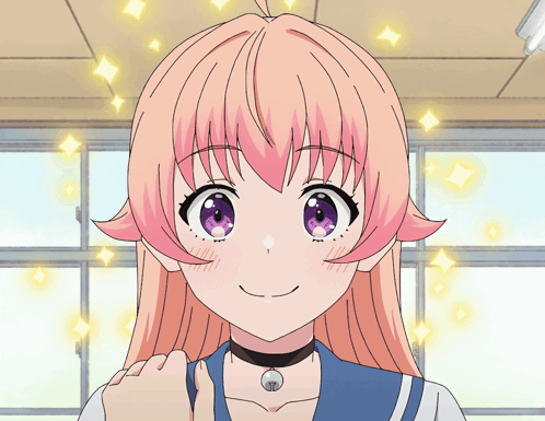 a cartoon girl with pink hair and purple eyes
