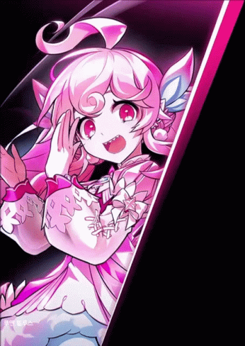 A Cartoon Girl With Pink Hair And Red Eyes Is Standing In Front Of A Black Background GIF