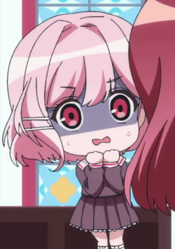 A Cartoon Girl With Pink Hair And Red Eyes Looks Surprised GIF