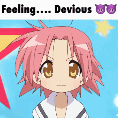 A Cartoon Girl With Pink Hair And The Words Feeling Devious GIF