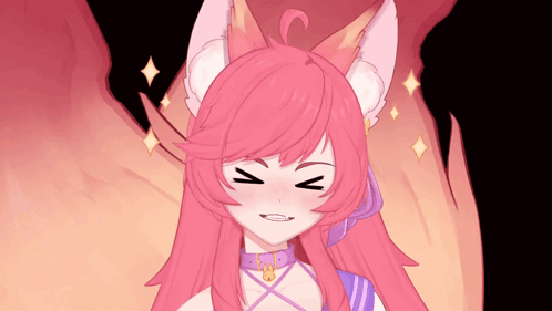 A Cartoon Girl With Pink Hair And White Ears Is Making A Funny Face GIF