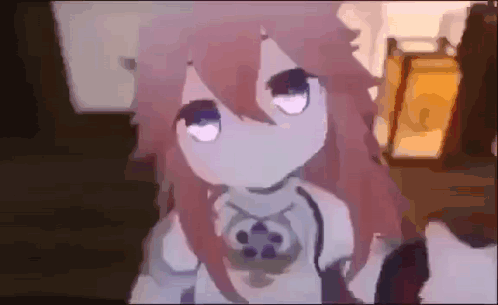 A Cartoon Girl With Pink Hair And White Eyes Is Standing In A Dark Room . GIF