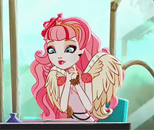 A Cartoon Girl With Pink Hair And Wings Is Sitting At A Desk GIF