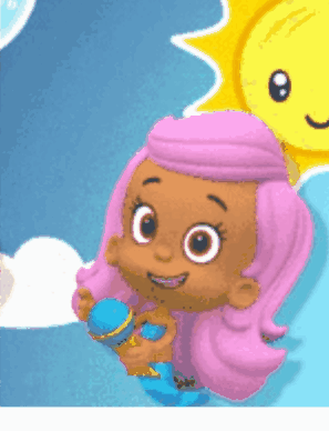 A Cartoon Girl With Pink Hair Is Holding A Blue Cup GIF