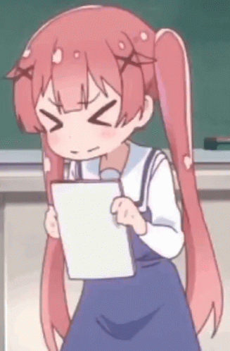 A Cartoon Girl With Pink Hair Is Holding A Piece Of Paper And Making A Funny Face . GIF