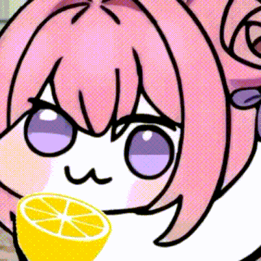 A Cartoon Girl With Pink Hair Is Holding A Slice Of Lemon . GIF