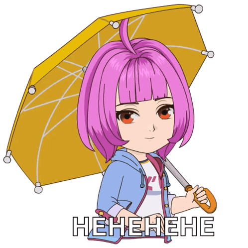 A Cartoon Girl With Pink Hair Is Holding A Yellow Umbrella With The Word Henehene Written Below Her GIF
