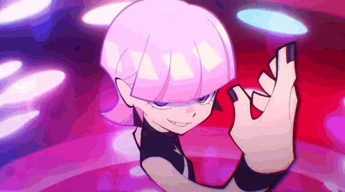 A Cartoon Girl With Pink Hair Is Making A Peace Sign With Her Hands . GIF