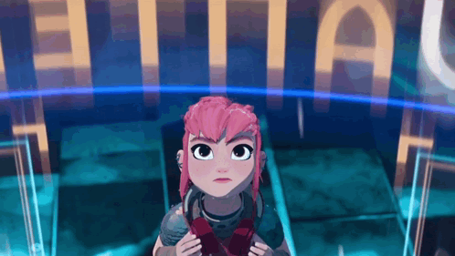 A Cartoon Girl With Pink Hair Is Standing In Front Of A Sign That Says ' Eternal ' GIF