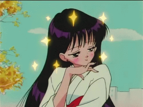 A Cartoon Girl With Purple Hair And A Red Bow Tie Is Standing In Front Of A Tree With Leaves . GIF
