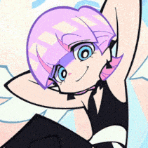 A Cartoon Girl With Purple Hair And Blue Eyes Is Smiling GIF