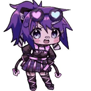a cartoon girl with purple hair and goggles on her head