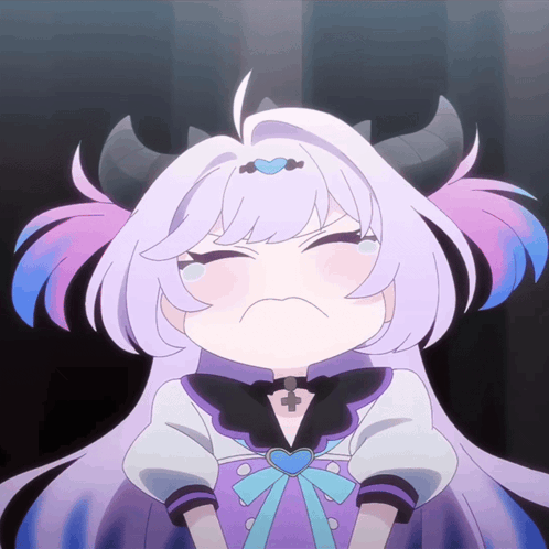 A Cartoon Girl With Purple Hair And Horns Is Making A Sad Face GIF