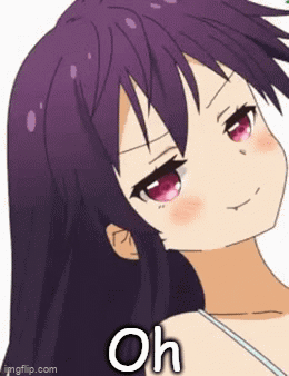 A Cartoon Girl With Purple Hair And Red Eyes Is Making A Funny Face And Saying Oh . GIF