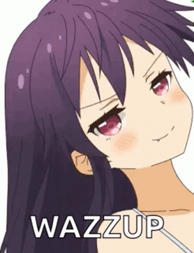A Cartoon Girl With Purple Hair And Red Eyes Is Smiling And Says Wazzup . GIF