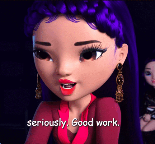 A Cartoon Girl With Purple Hair And Red Lips Says Seriously Good Work GIF