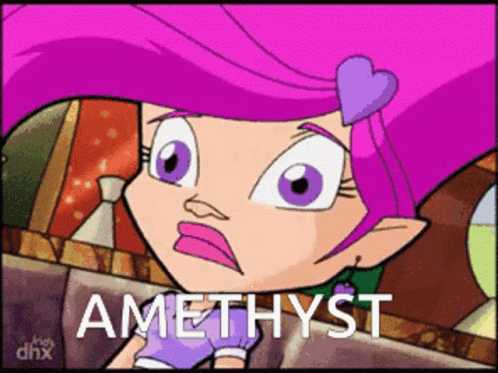 A Cartoon Girl With Purple Hair And The Word Amethyst In The Corner GIF