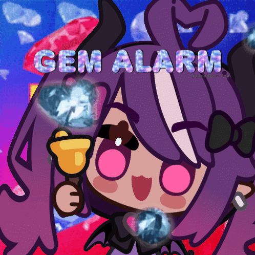 A Cartoon Girl With Purple Hair Is Holding A Bell And The Words Gem Alarm Are Above Her GIF