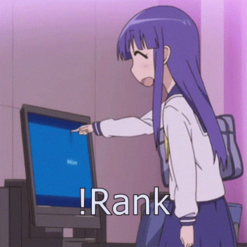 A Cartoon Girl With Purple Hair Is Pointing At A Computer Screen And Saying `` Rank '' . GIF