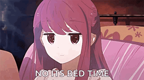 A Cartoon Girl With Purple Hair Is Sitting On A Bed And Says No Its Bed Time GIF
