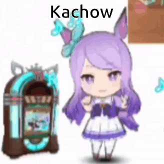 A Cartoon Girl With Purple Hair Is Standing Next To A Jukebox With The Word Kachow On It . GIF