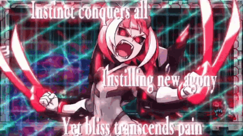 A Cartoon Girl With Red Eyes And The Words " Instinct Conquers All Installing New Agony " GIF