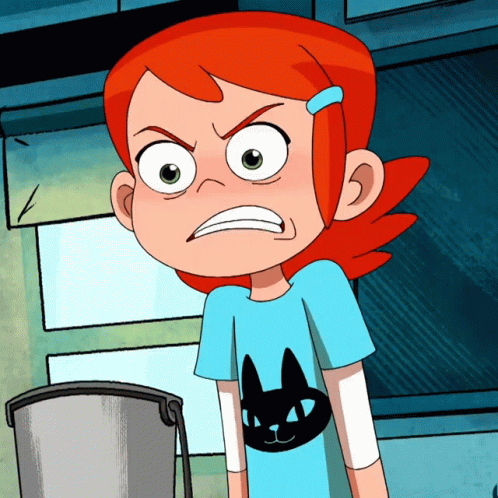 A Cartoon Girl With Red Hair And A Blue Shirt With A Cat On It GIF