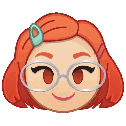 a cartoon girl with red hair and glasses has a green flower in her hair