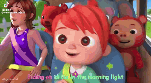 a cartoon girl with red hair is riding on a train with monkeys .