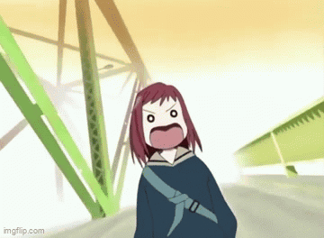 A Cartoon Girl With Red Hair Is Standing In Front Of A Bridge With Her Mouth Open . GIF